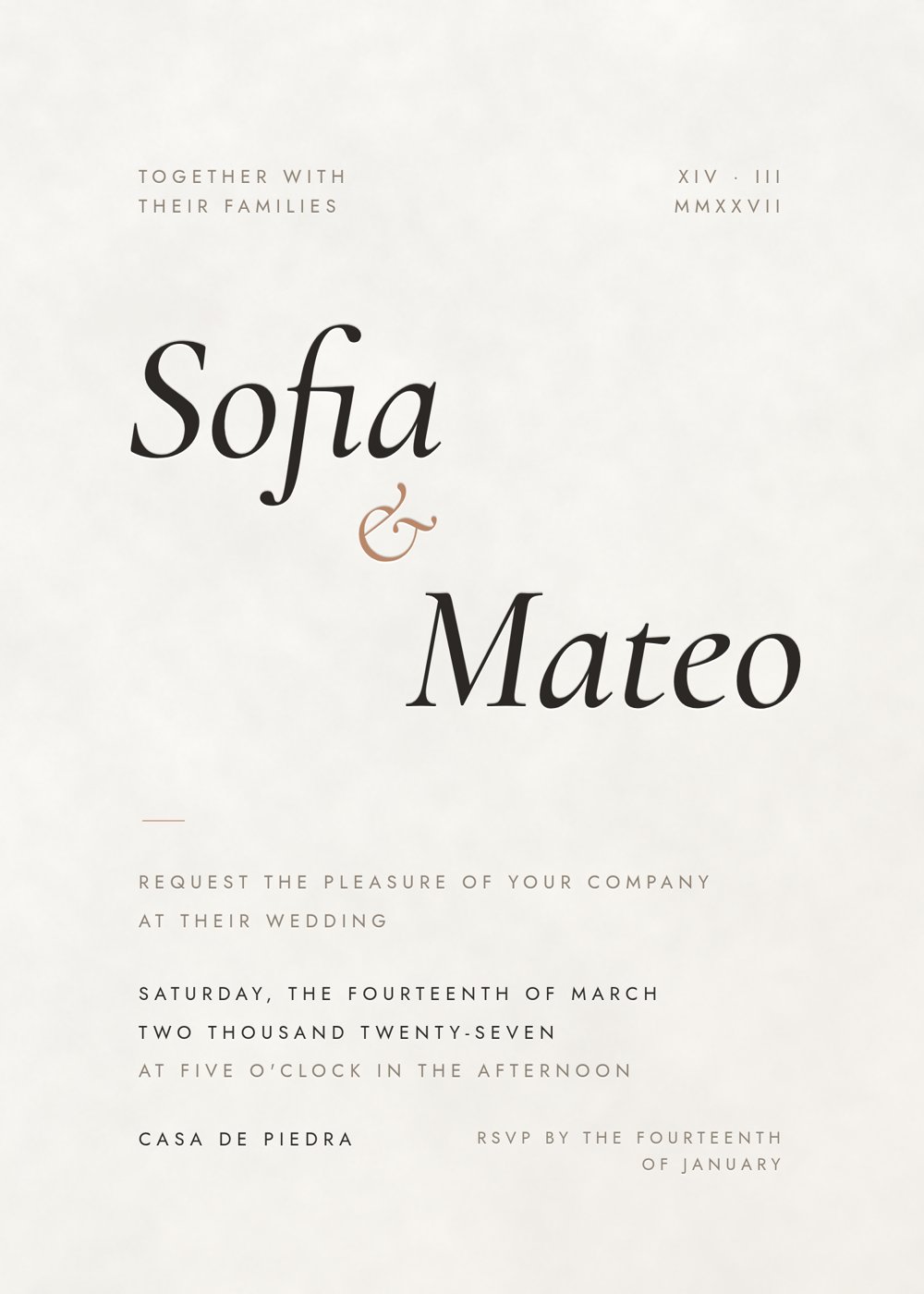 Plâtre 5x7 wedding invitation with italic names on stone-coloured paper