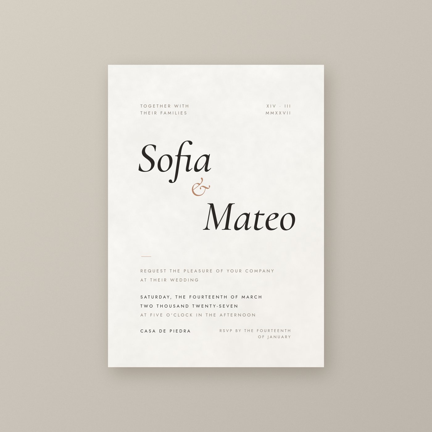 Plâtre wedding invitation mockup on a warm stone background