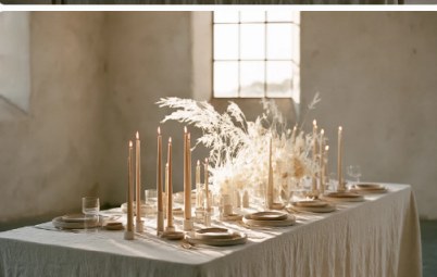Candles and pampas grass centrepieces on a linen-draped table
