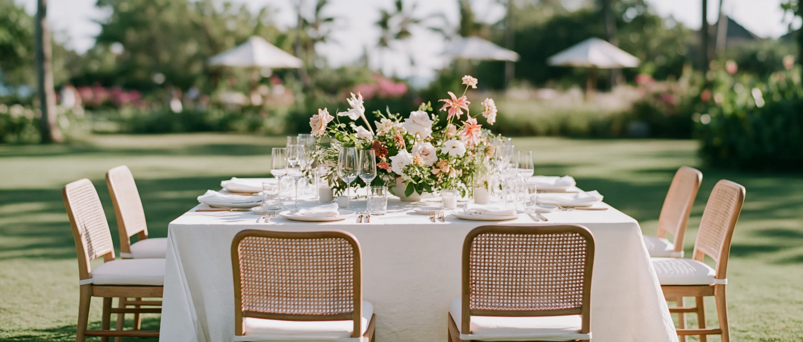 Garden wedding reception table with rattan chairs