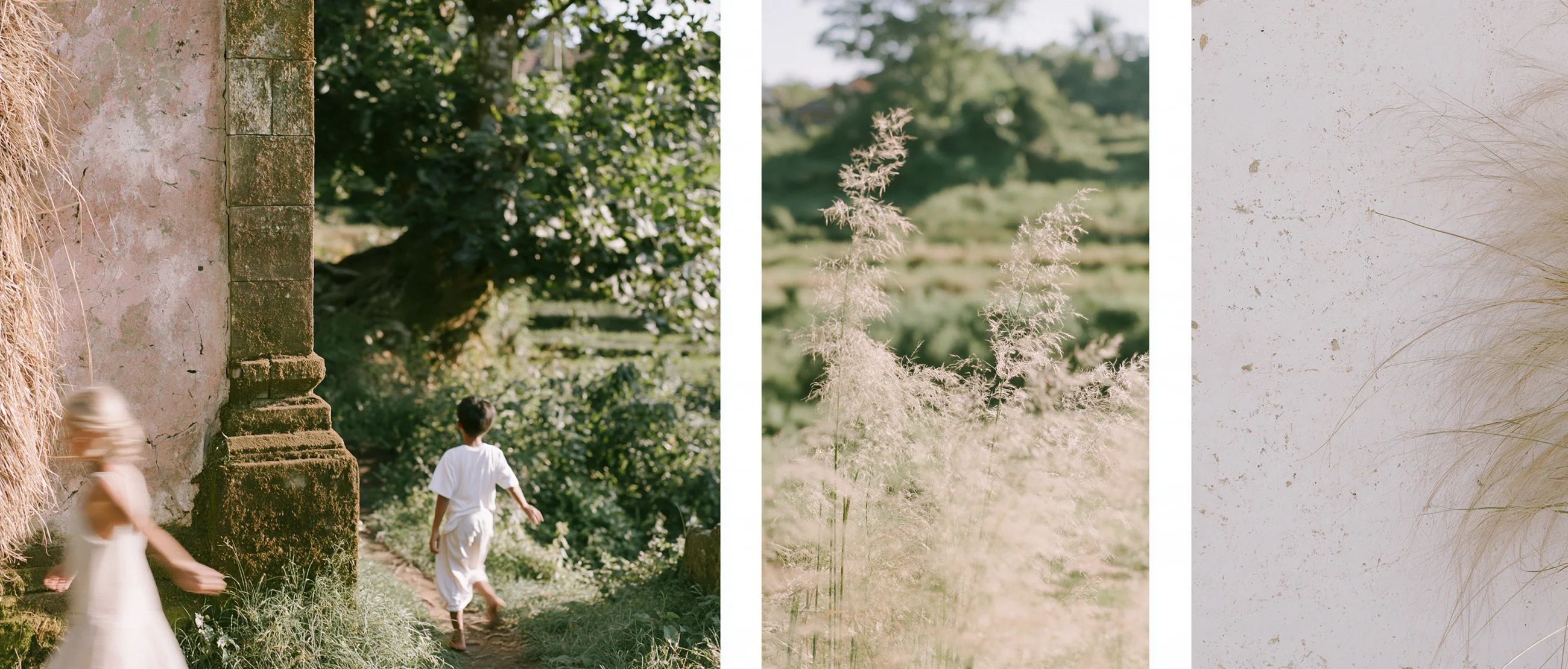 Children in white by a temple gate, tall grass and a plaster wall