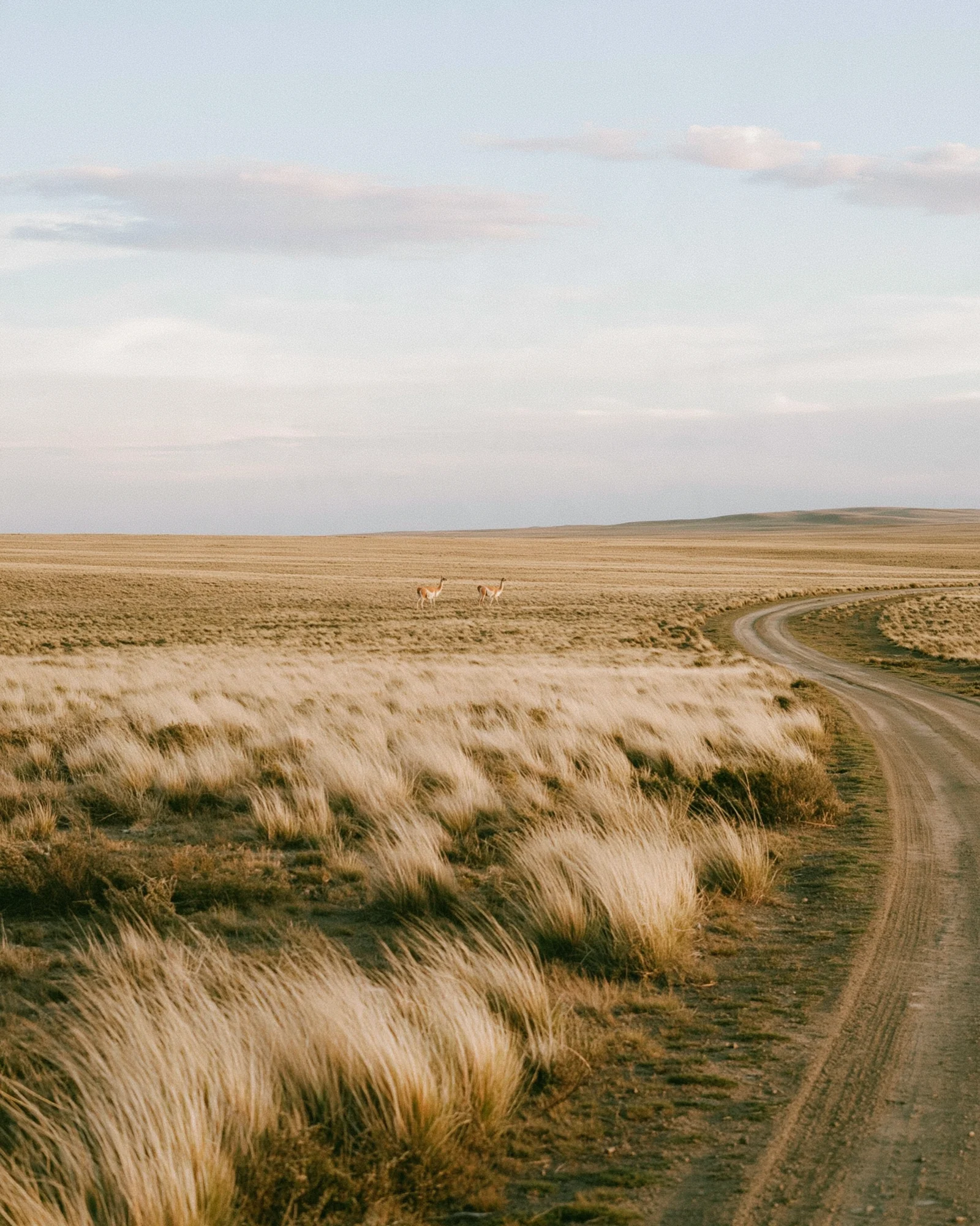 Dirt road crossing golden steppe grassland under a wide sky