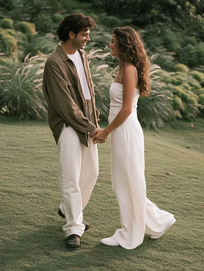 Couple facing each other in a green field near the mountains