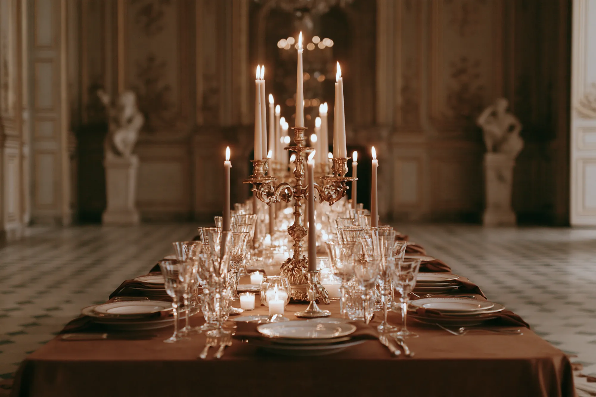 Long candlelit wedding dinner table with candelabras