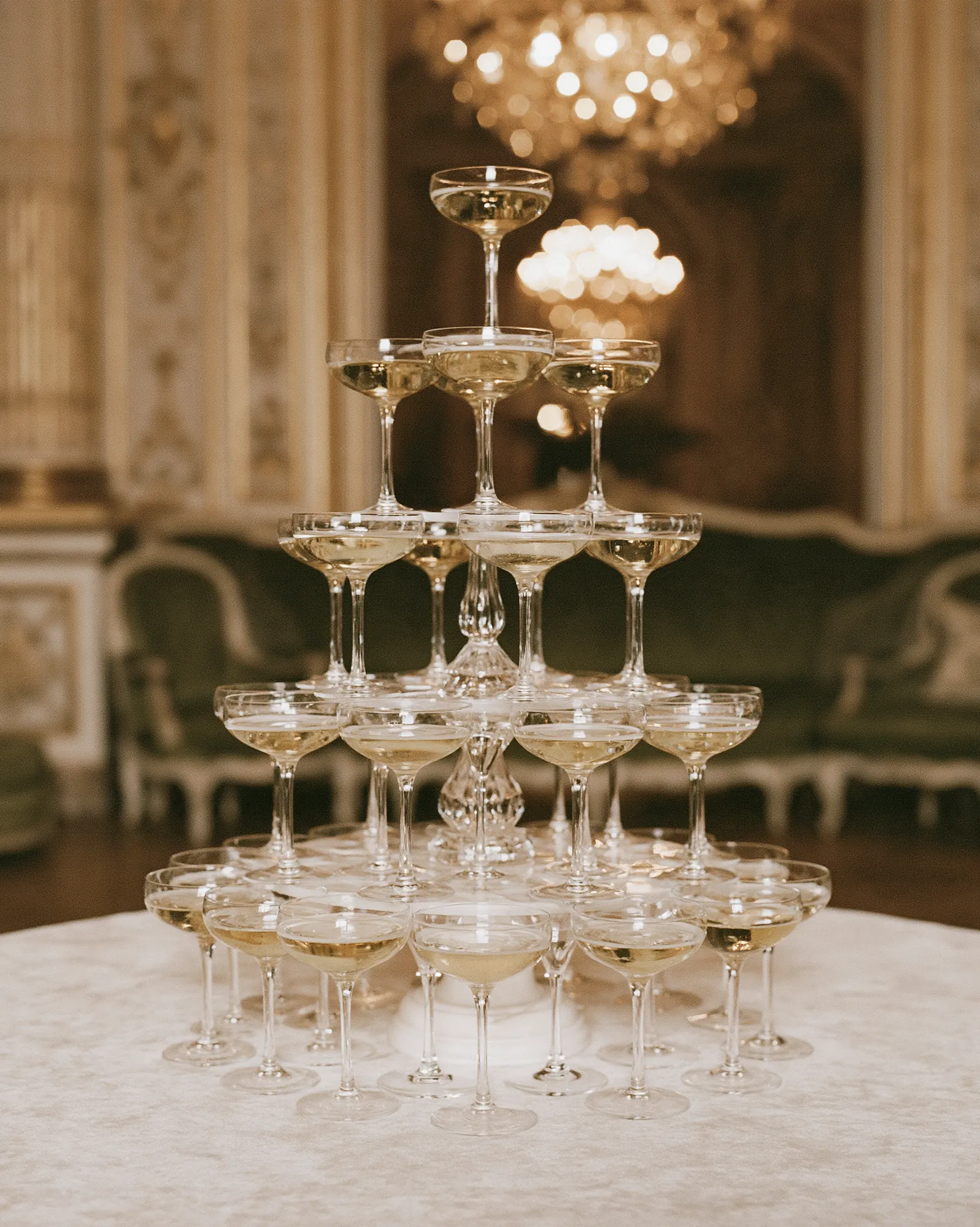 Champagne tower at a Paris wedding reception