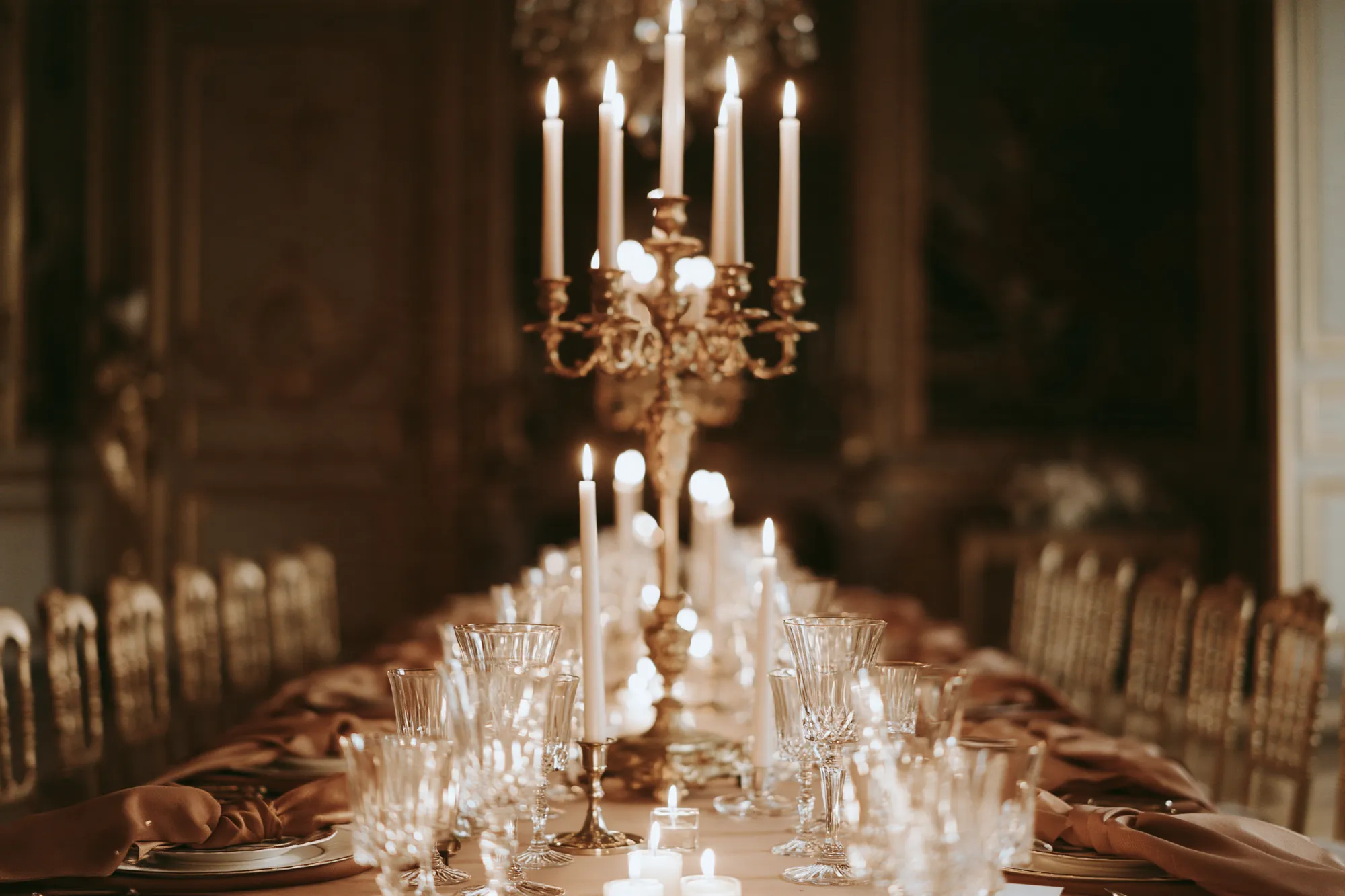 Candelabra and candlelit reception table