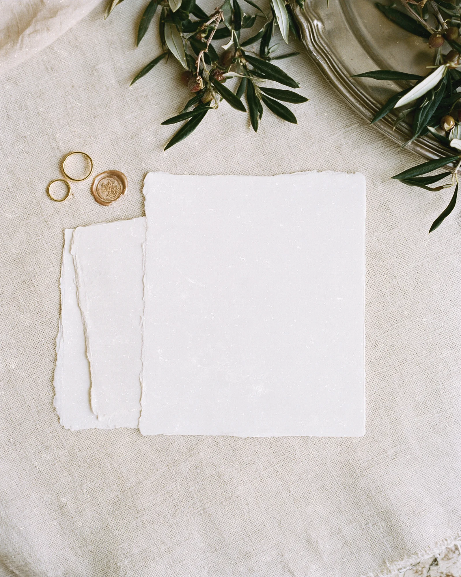 Blank handmade paper invitation with a wax seal and olive branch on linen